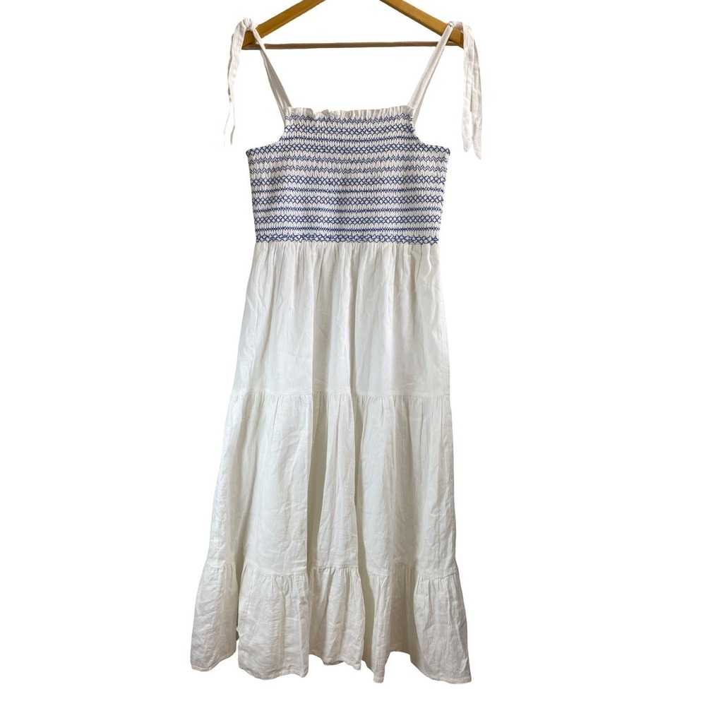 Lucky Brand Tiered Maxi/Midi Dress Large White Embroidered Smocked Cotton Boho